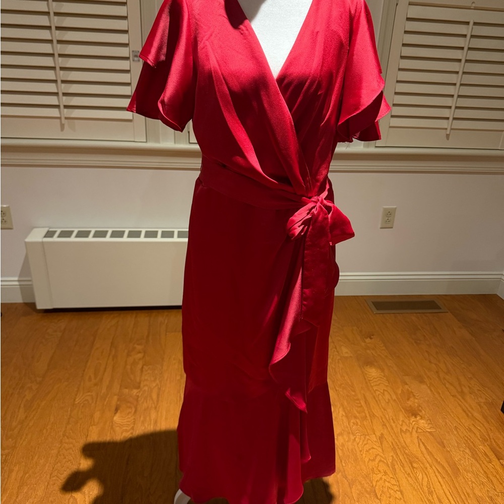 DKNY  Holiday Vibrant Red Midi Faux Wrap Dress Valentines❤️